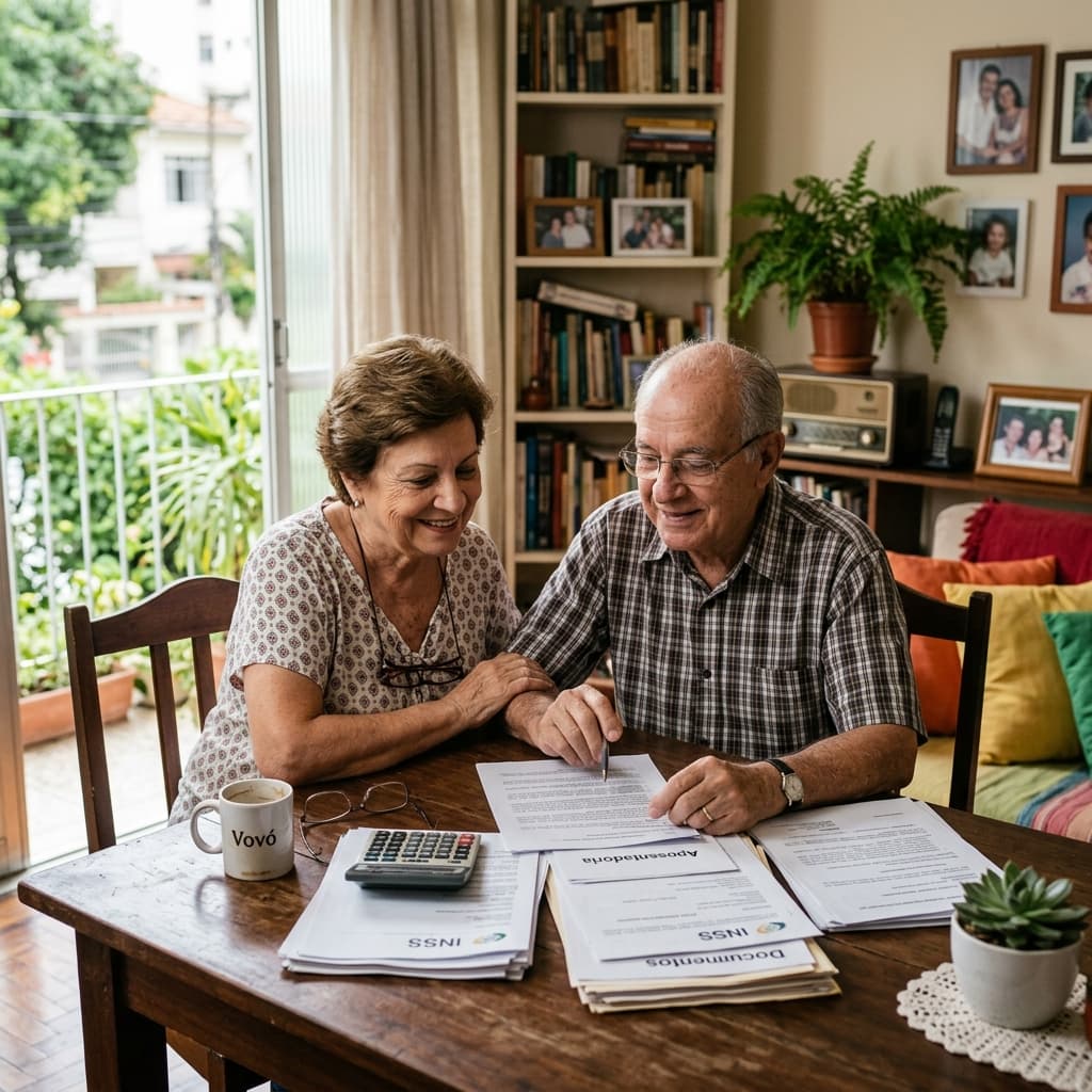 Idoso brasileiro sorrindo com cartão do INSS e documentos – aposentadoria 2026 idade mínima tempo contribuição quanto receber