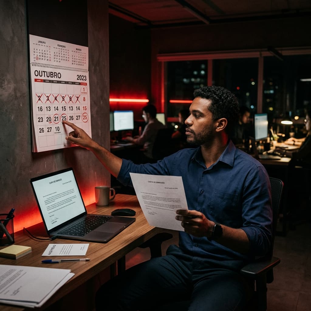 Trabalhador brasileiro analisando documentos de rescisão e calendário — aviso prévio 2026 proporcional 90 dias cálculo CLT