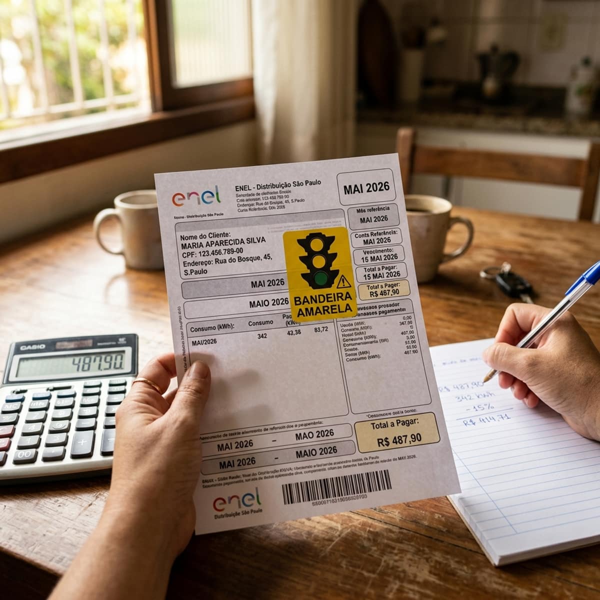 Conta de energia elétrica com calculadora e bandeira amarela — bandeira tarifária amarela maio 2026 conta luz mais cara como calcular desconto