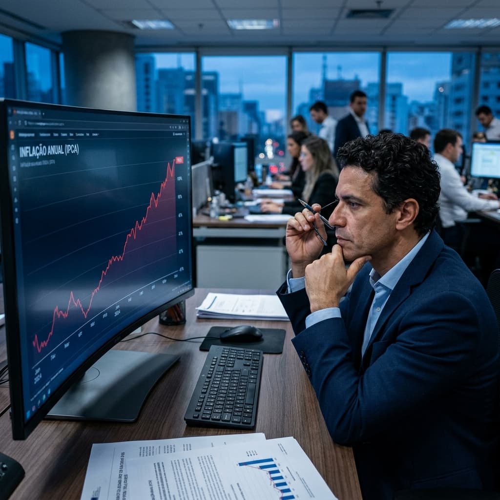 Economista brasileiro analisando gráfico de inflação IPCA em monitor — Boletim Focus projeção 4,89% 2026 meta CMN Selic