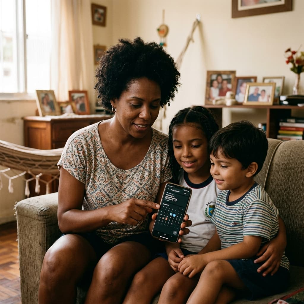 Mãe brasileira com filhos verificando calendário de pagamentos do Bolsa Família no celular — benefício maio 2026 NIS calendário oficial