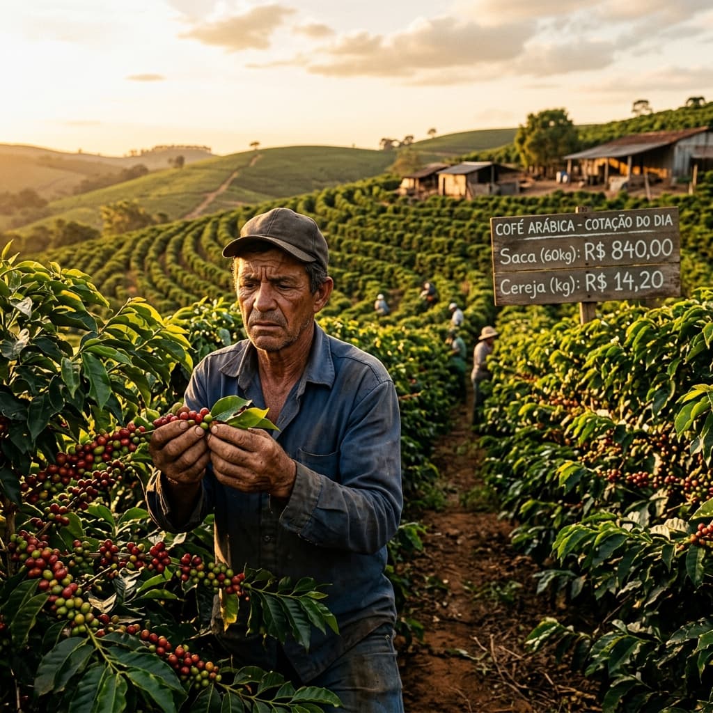 Agricultor brasileiro em plantação de café arábica inspecionando grãos ao entardecer – preço R$ 2.000 saca impacto supermercado consumidor 2026