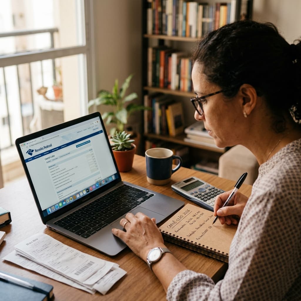 Freelancer com laptop e caderno com anotações de declaração de imposto — carnê-leão 2026 autônomo IR mensal como pagar