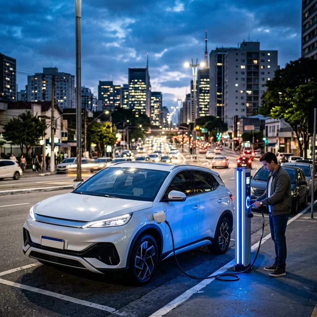 SUV elétrico carregando em posto urbano — carros elétricos Brasil 2026 crescimento Fenabrave recorde