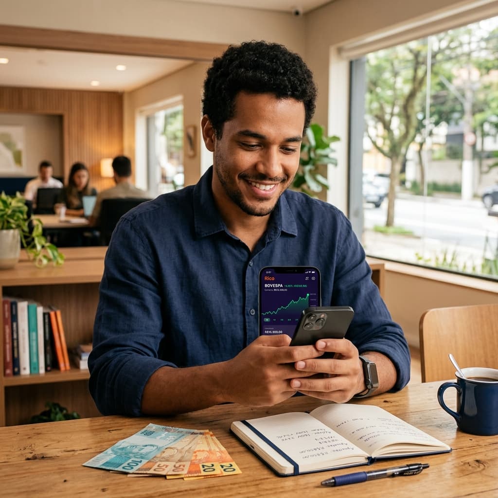 Jovem brasileiro com smartphone mostrando gráfico de investimento e notas de real — como investir do zero 2026 renda fixa iniciante
