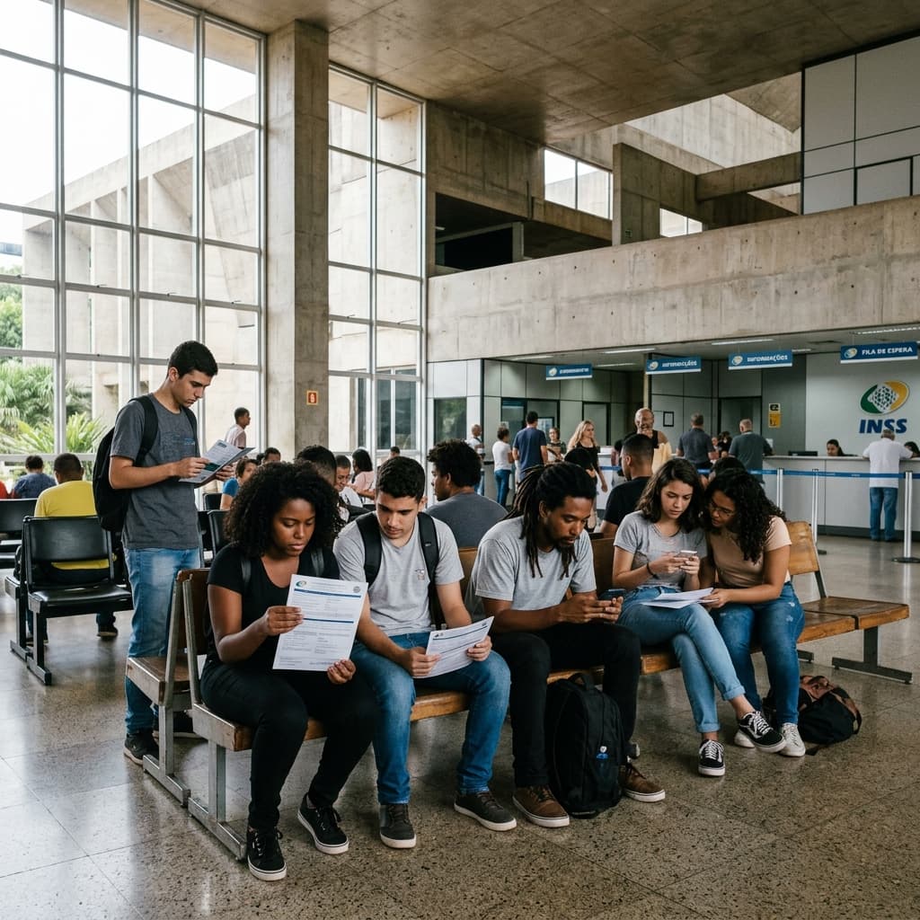 Candidatos jovens em frente a prédio do INSS consultando smartphones – concurso INSS 2026 vagas edital inscrição salário