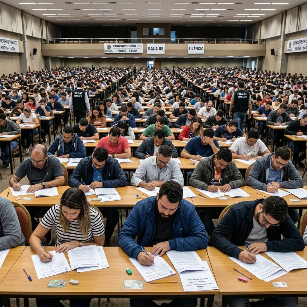 Candidatos fazendo prova de concurso público 2026 em auditório — inscrições abertas PF Receita Federal INSS bancos públicos vagas salários