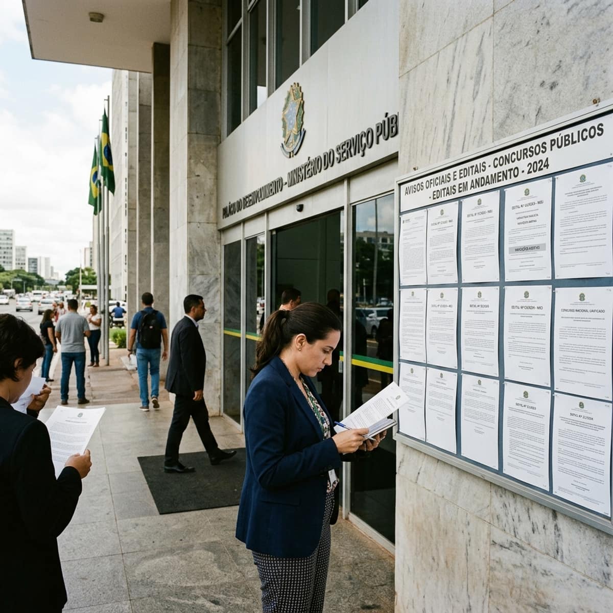 Entrada de prédio federal brasileiro com edital de concurso público — concursos públicos 2026 INSS Receita Federal Correios vagas salários inscrições