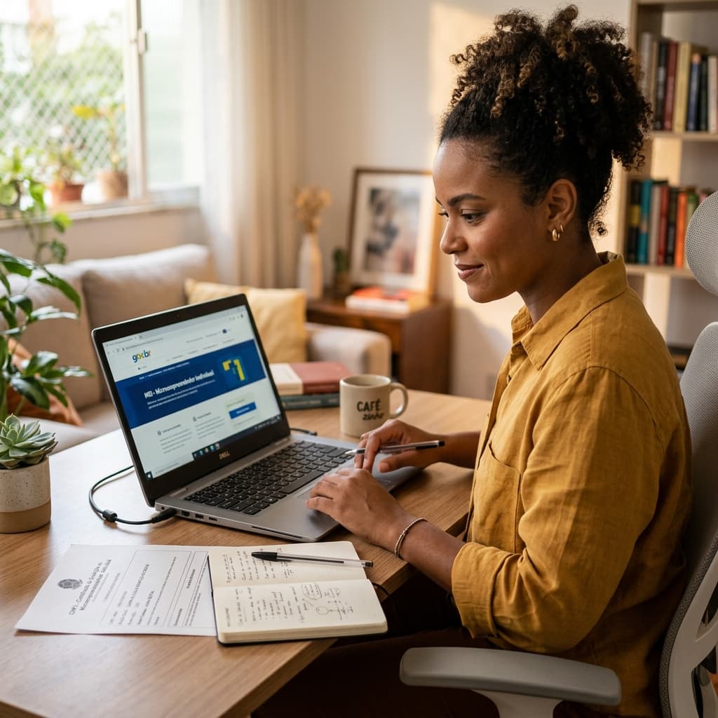 Empreendedor MEI no computador acessando portal do governo — DASN-SIMEI 2026 declaração anual MEI prazo 31 maio como fazer