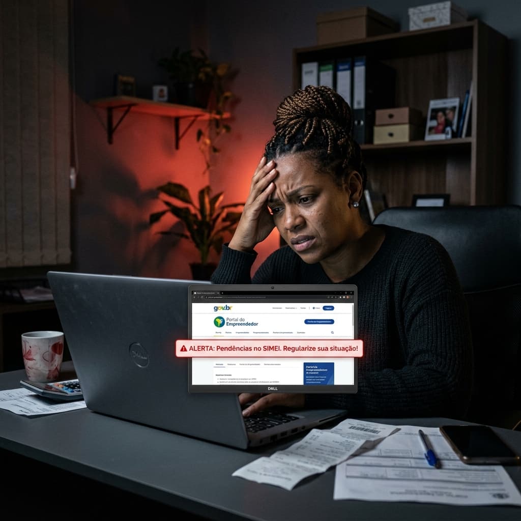 Microempreendedor individual estressado diante de laptop com prazo DASN-SIMEI 2026 expirando — CNPJ cancelamento MEI 31 de maio