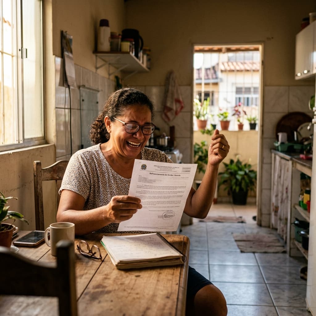 Brasileiro celebrando alívio financeiro com carta de renegociação de dívida – Desenrola Brasil 2.0 2026 como funciona inscrição desconto