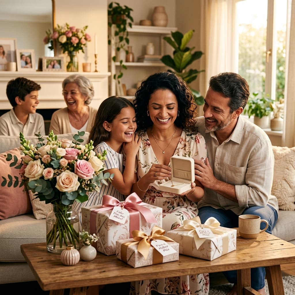 Presentes embrulhados com flores para o Dia das Mães 2026 — domingo 10 maio melhores presentes orçamento economia