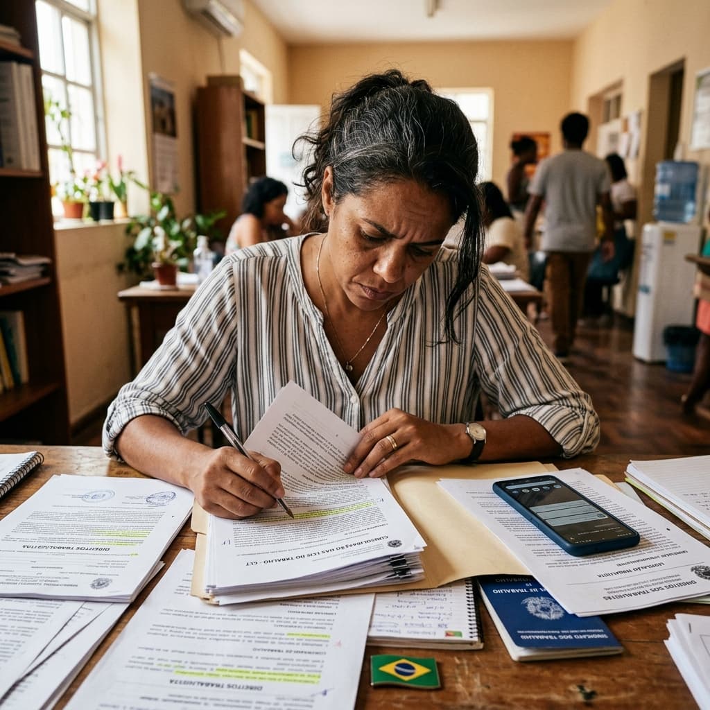 Trabalhador brasileiro com carteira de trabalho e documentos — direitos trabalhistas CLT 2026 o que patrão não pode fazer