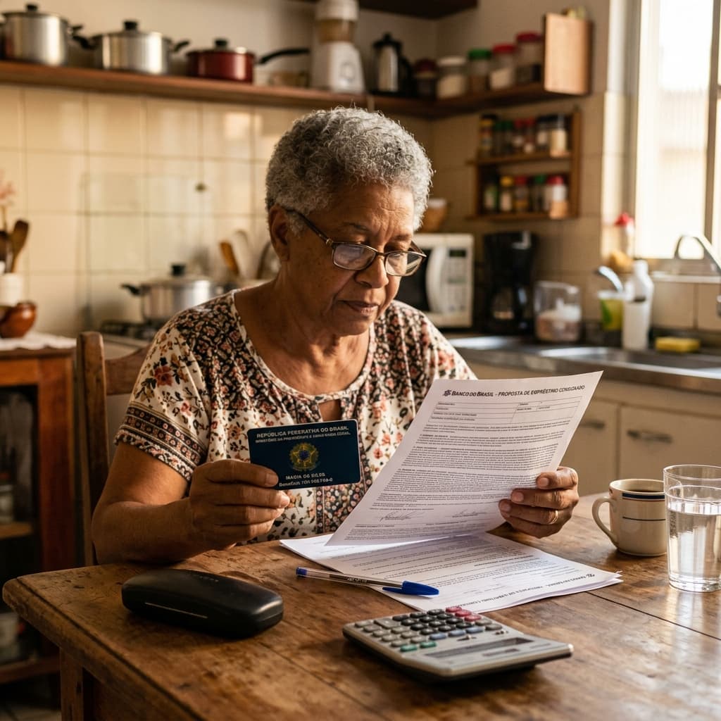 Aposentado brasileiro lendo documento de empréstimo com cartão INSS e calculadora — empréstimo consignado 2026 taxa quem tem direito