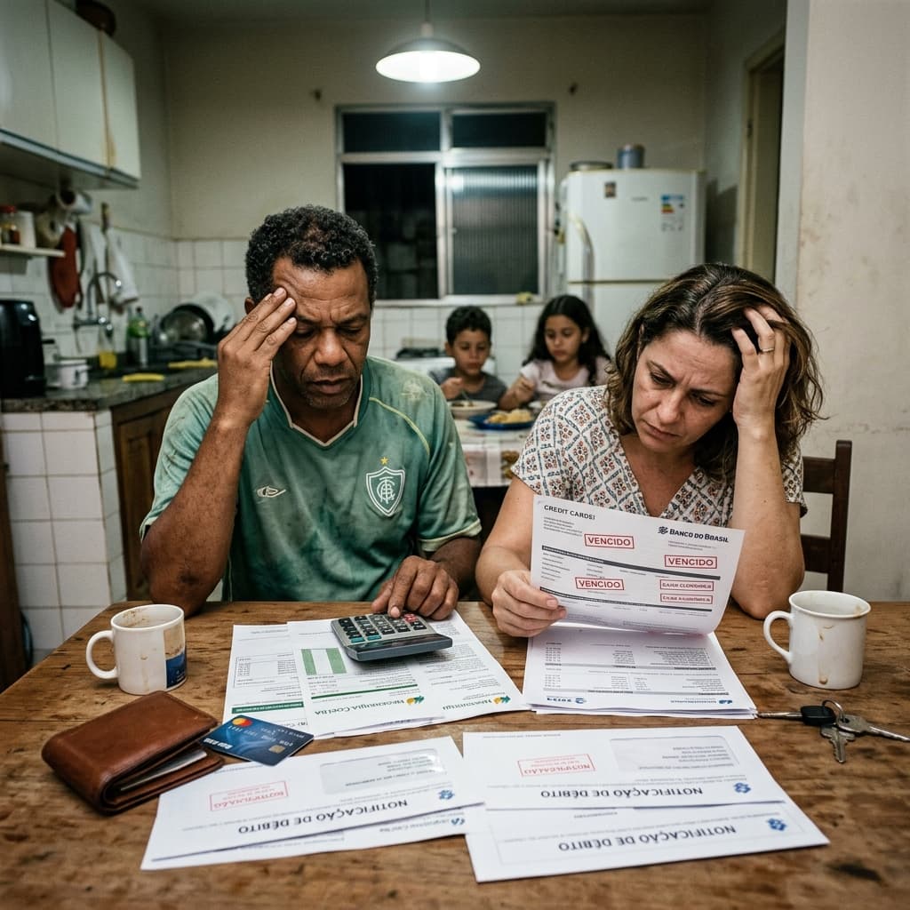 Família brasileira preocupada com contas e dívidas em casa — endividamento 65% famílias 2026 cartão crédito como sair das dívidas