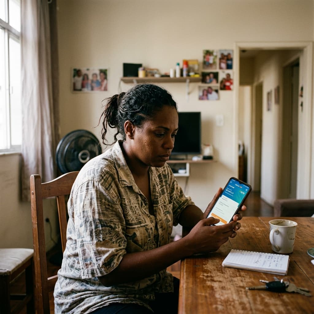 Smartphone com app FGTS Caixa Econômica Federal e notas de real — FGTS 2026 guia completo o que é quanto rende quando sacar