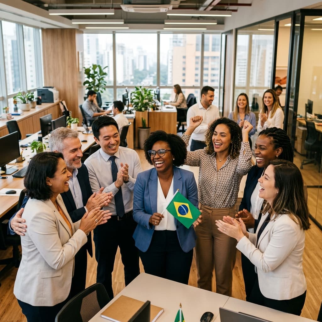 Profissionais brasileiros em ambiente corporativo moderno comemorando conquista de direitos trabalhistas – fim escala 6x1 PEC jornada 36 horas 2026
