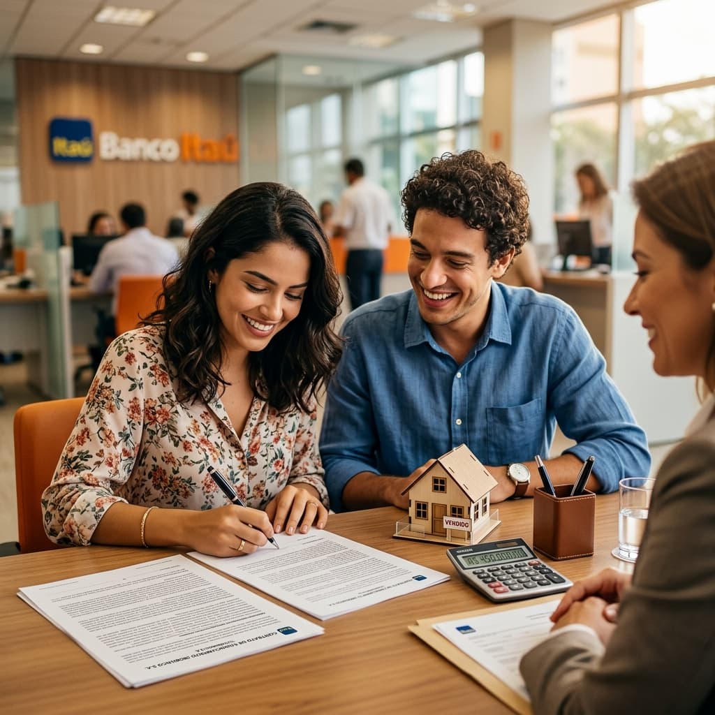 Casal jovem assinando contrato de financiamento com miniatura de casa — financiamento imóvel 2026 renda mínima Caixa simulador Price SAC