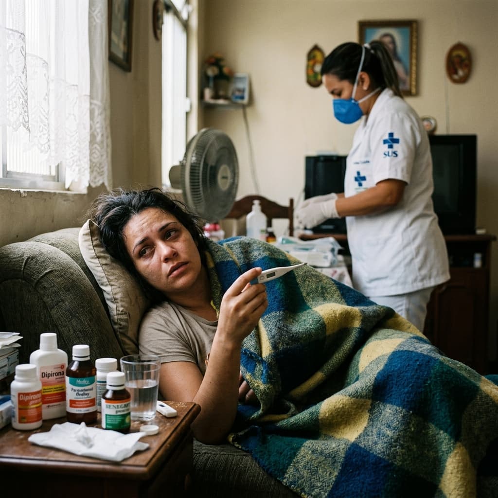 Pessoa com gripe em casa com termômetro e remédios — surto influenza 2026 Fiocruz alerta vacinação campanhas saúde Brasil