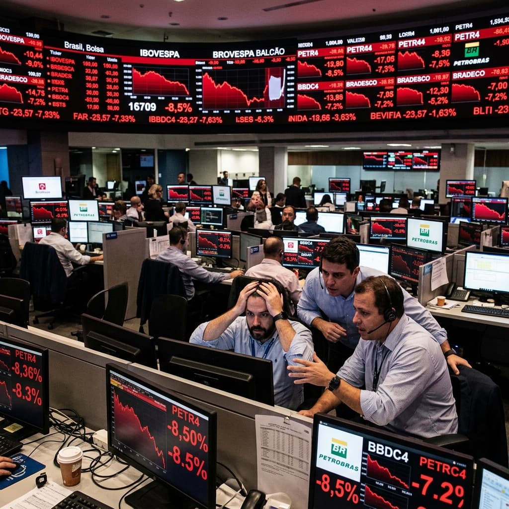 Telas vermelhas na bolsa de valores brasileira — Ibovespa cai 2,38% Petrobras Bradesco 7 maio 2026 queda mercado financeiro