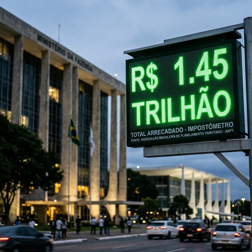 Painel do Impostômetro ACSP com valor R$ 1,45 trilhão — carga tributária Brasil 2026 impostos quanto paga contribuinte