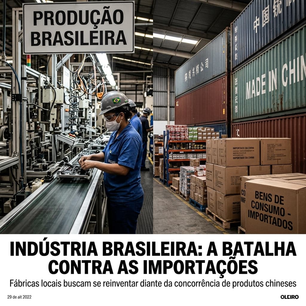 Fábrica brasileira com contêineres chineses ao fundo — indústria nacional importações China defesa comercial antidumping 2026