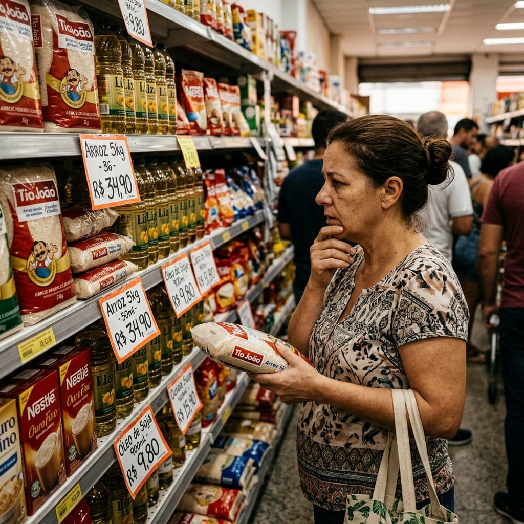Brasileira em supermercado olhando preços elevados nas prateleiras — inflação IPCA acima da meta 2026 combustíveis alimentação