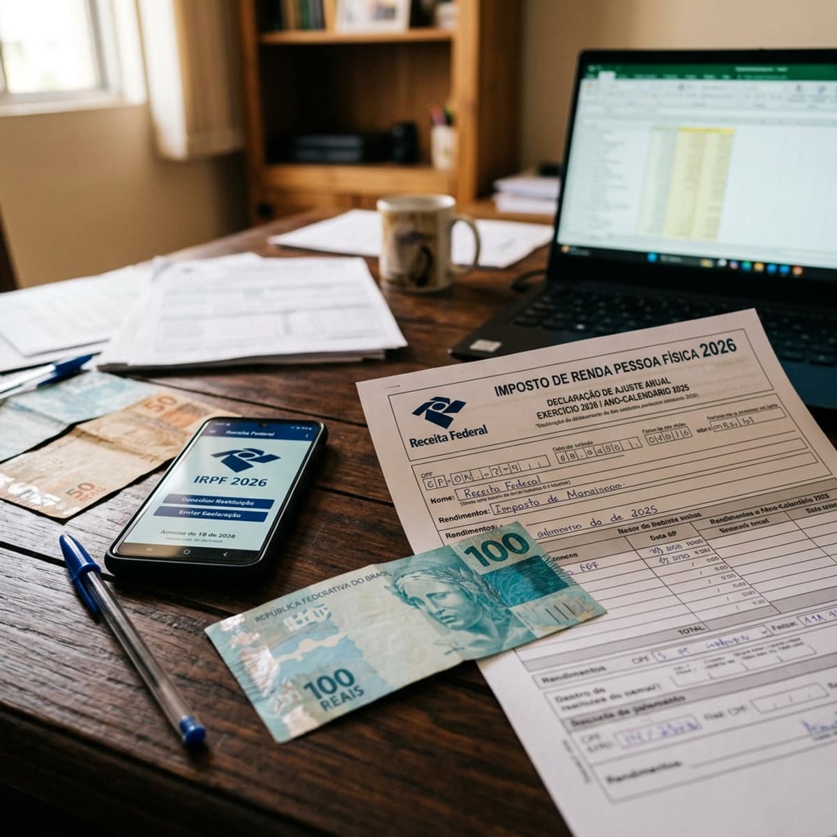Formulário IRPF 2026 com smartphone app Receita Federal e notas de real — IR 2026 declaração imposto de renda prazo 29 maio quem deve declarar como enviar