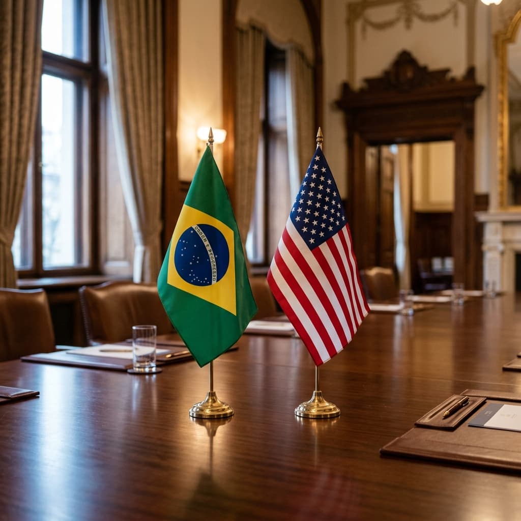 Bandeiras do Brasil e Estados Unidos em mesa de reunião diplomática — Lula Trump Washington 2026 PIX tarifas minerais estratégicos