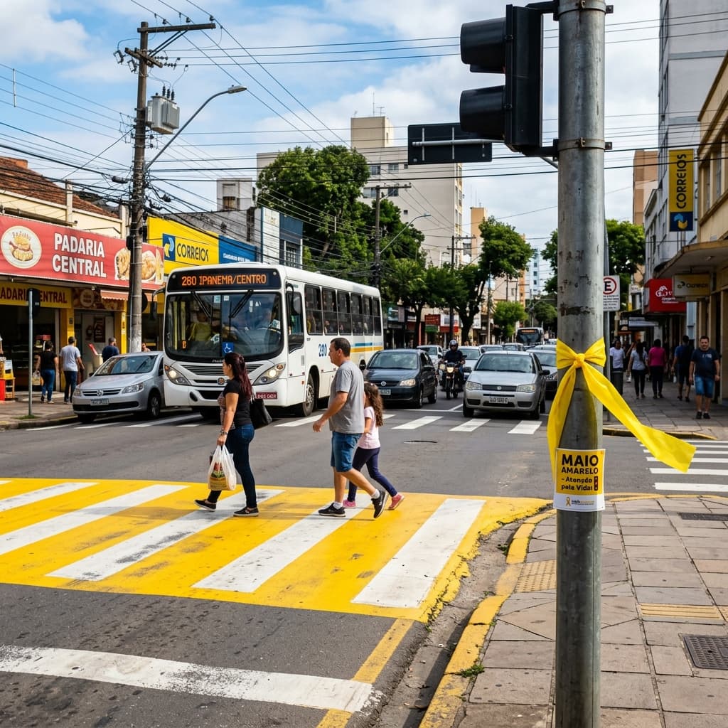 Faixa de pedestres com símbolo do Maio Amarelo 2026 — campanha segurança viária trânsito salvar vidas conscientização