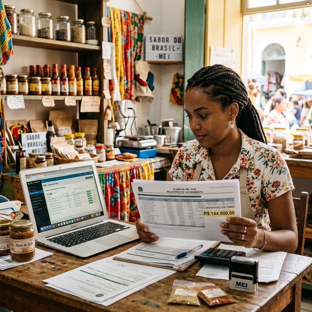 Microempreendedora brasileira analisando documentos no negócio — MEI 2026 novo limite faturamento R$ 144 mil PLP 108 Simples Nacional
