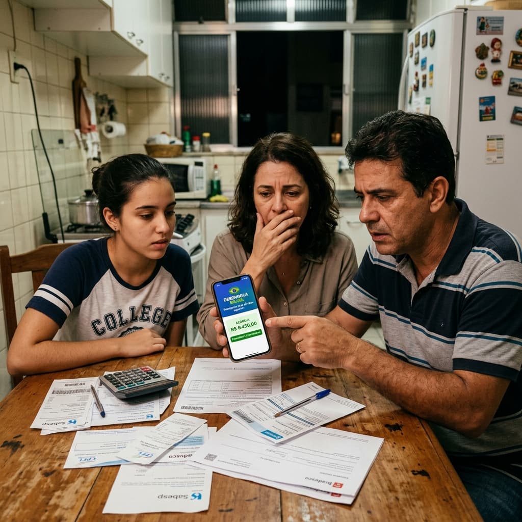 Família brasileira verificando dívidas no celular – Novo Desenrola 2026 quem pode entrar desconto renegociação dívidas