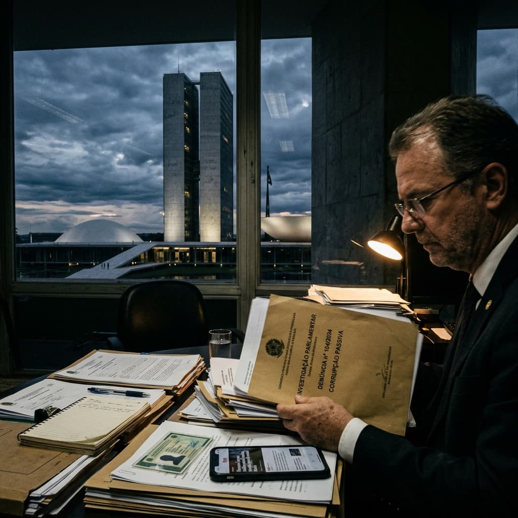 Congresso Nacional em Brasília com sombras dramáticas — offshore secretário Tarcísio BolsoMaster STF investigação política 2026