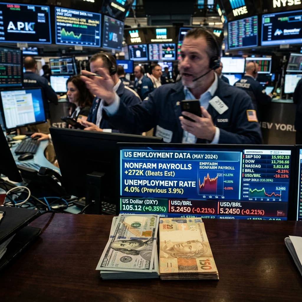 Telas de mercados financeiros com dados de emprego dos EUA — payroll abril 2026 dólar real câmbio impacto Brasil