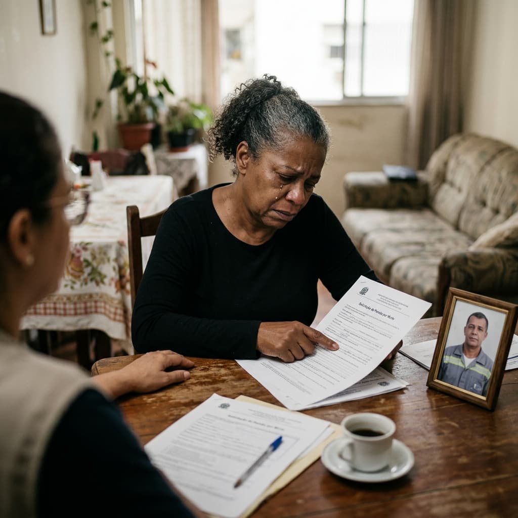 Família brasileira com documentos do INSS — pensão por morte 2026 quem tem direito quanto recebe como solicitar Meu INSS