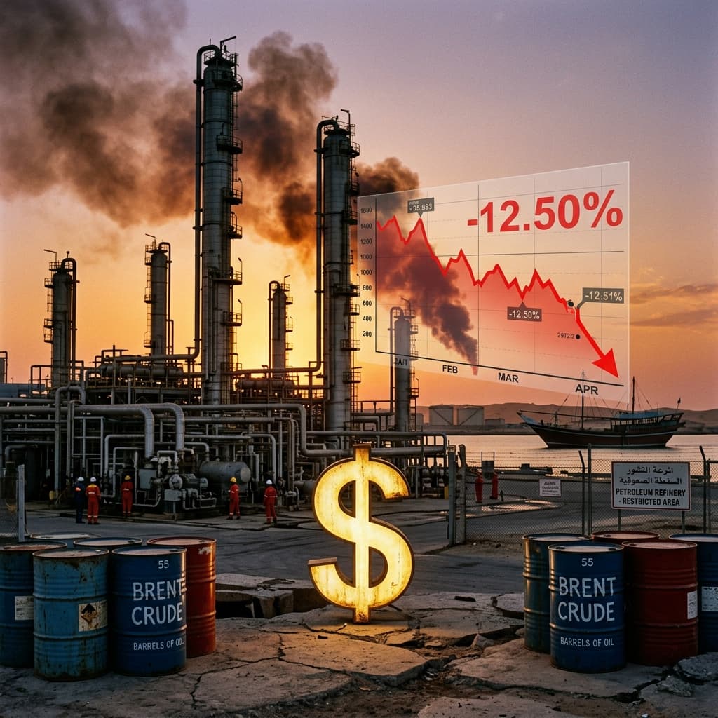 Refinaria de petróleo ao entardecer com tela de mercado mostrando queda do Brent — acordo EUA Irã petróleo cai 10% impacto gasolina Brasil 2026