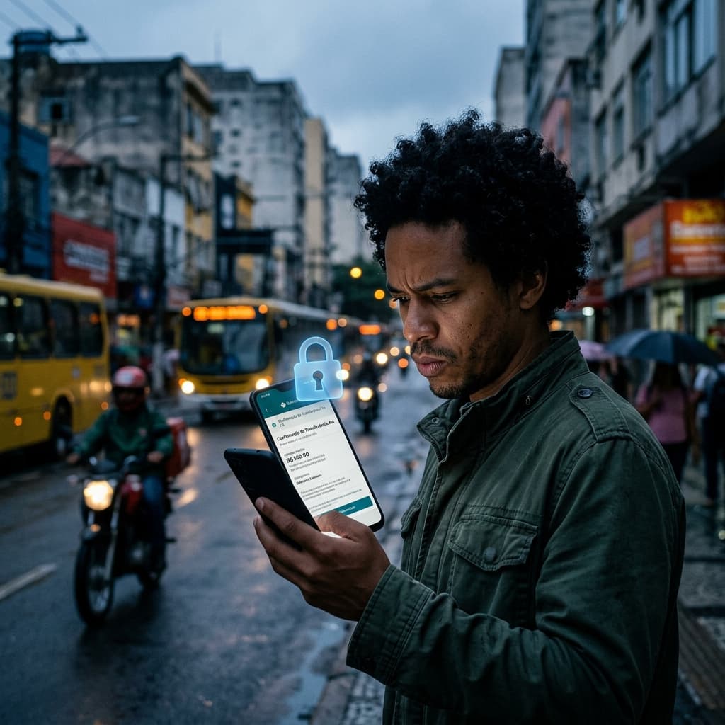 Pessoa olhando com atenção para smartphone com tela de Pix – mudanças junho 2026 novo limite MED 2.0 proteção contra golpes Banco Central
