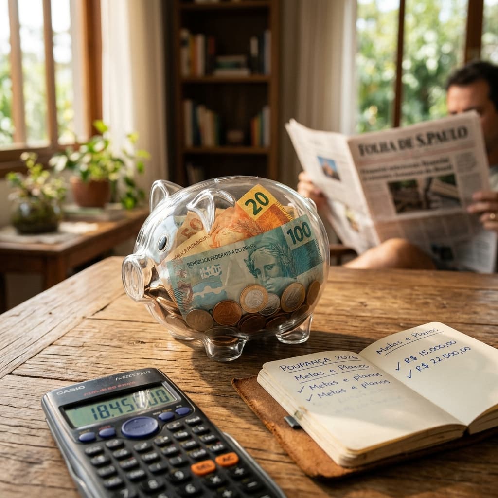 Cofre de vidro com notas de real e calculadora — rendimento poupança 2026 quanto rende Selic 14,75% simulador comparativo