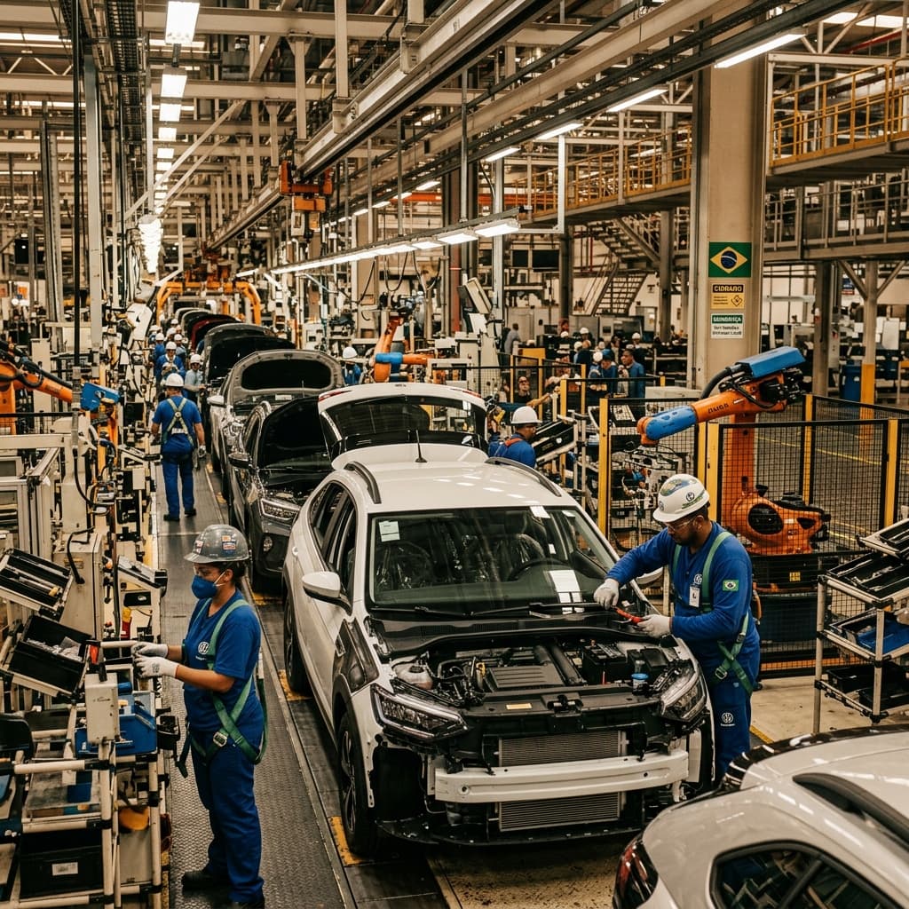 Linha de montagem de automóveis no Brasil — produção industrial IBGE março 2026 crescimento setor automotivo resultado
