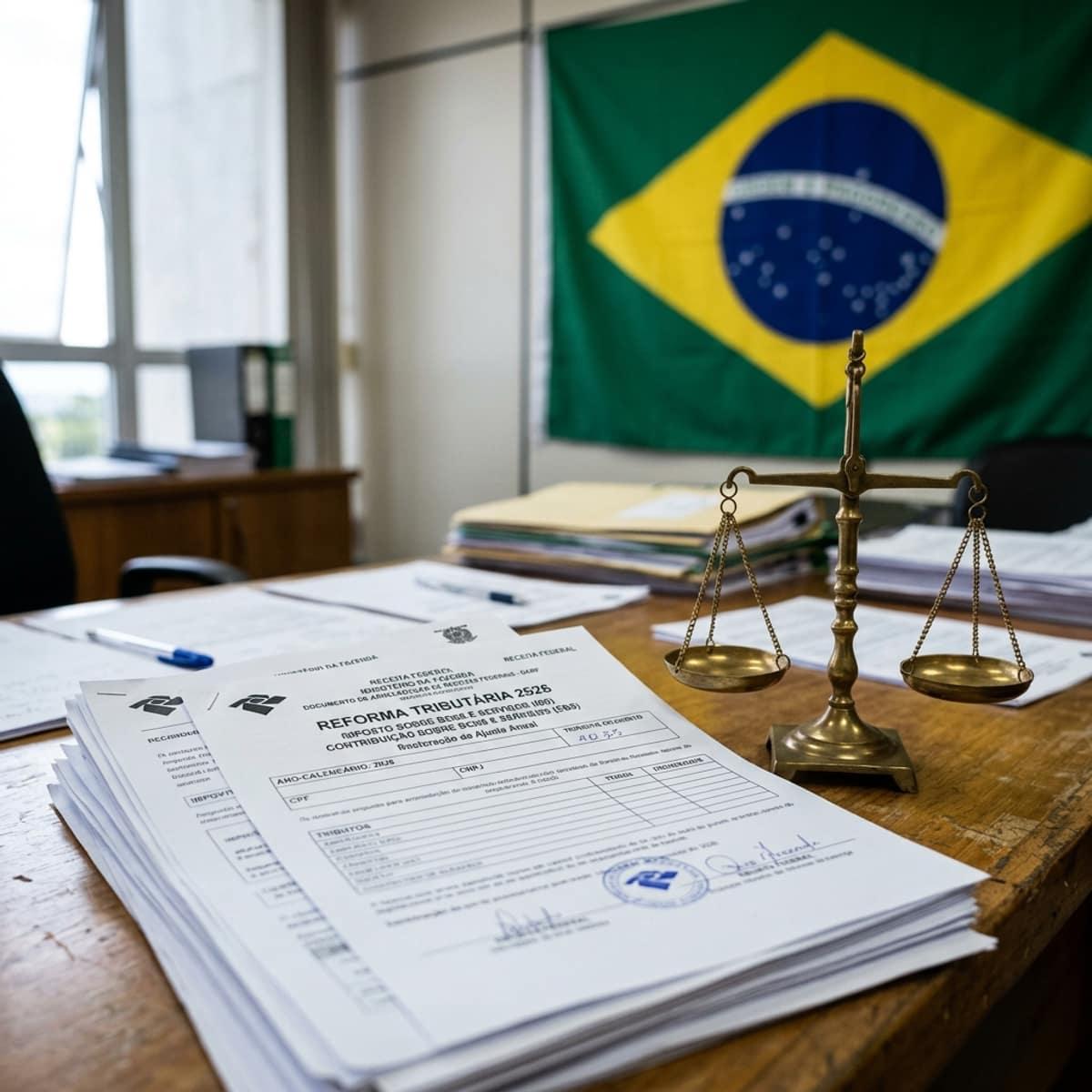 Documentos fiscais e balança da justiça com bandeira brasileira — reforma tributária 2026 IBS CBS imposto valor agregado trabalhador MEI empresa