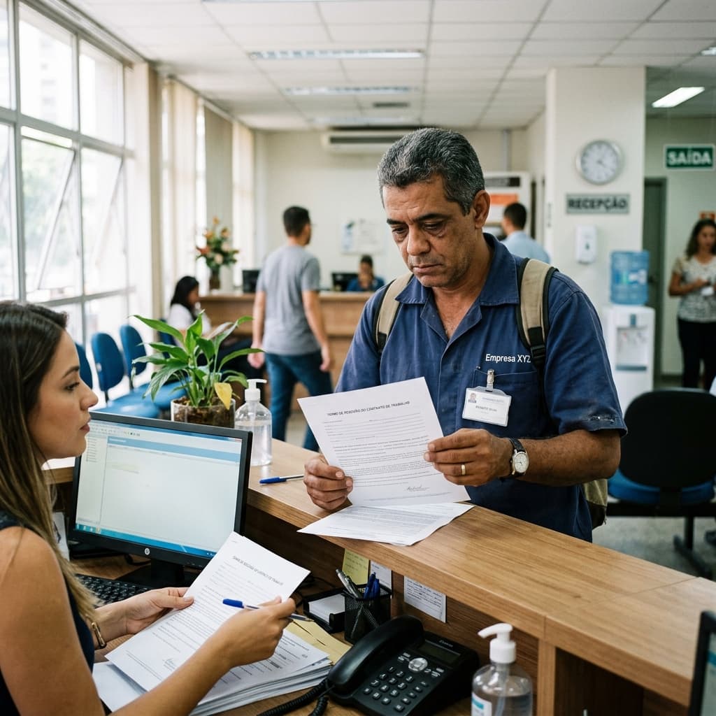 Trabalhador brasileiro recebendo documentos de rescisão de contrato de trabalho – rescisão CLT 2026 o que tenho direito verbas rescisórias
