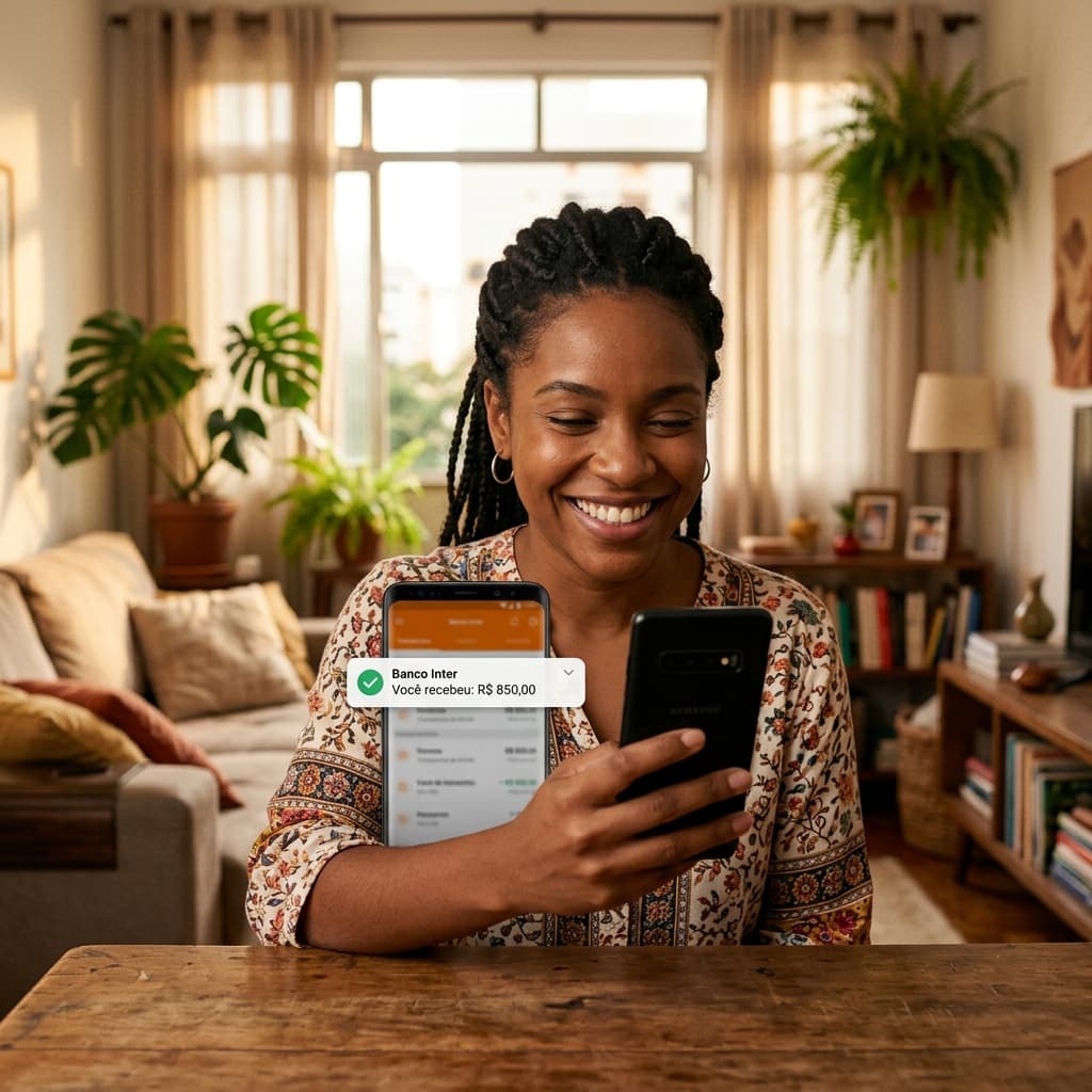 Pessoa consultando restituição do IR 2026 no celular sorrindo — quando cai restituição imposto de renda 2026 lotes calendário