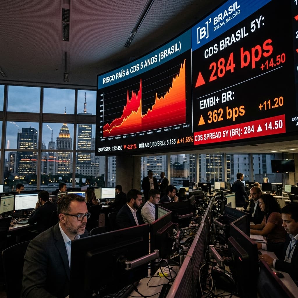 Painel do mercado financeiro com indicadores de risco em alta — Risco Brasil CDS 124 pontos maio 2026 fiscal dólar Selic