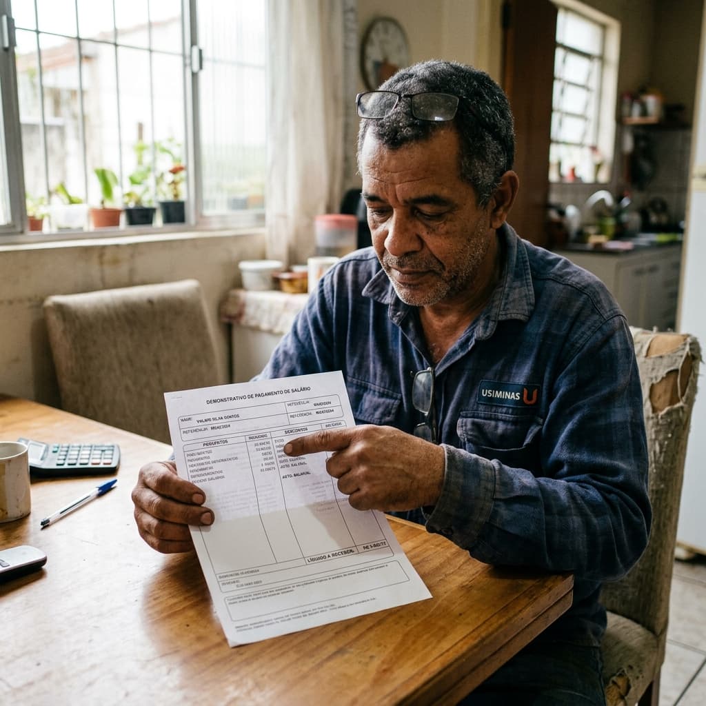 Trabalhador brasileiro com contracheque e calculadora — salário líquido 2026 INSS IR quanto fica no bolso tabela desconto