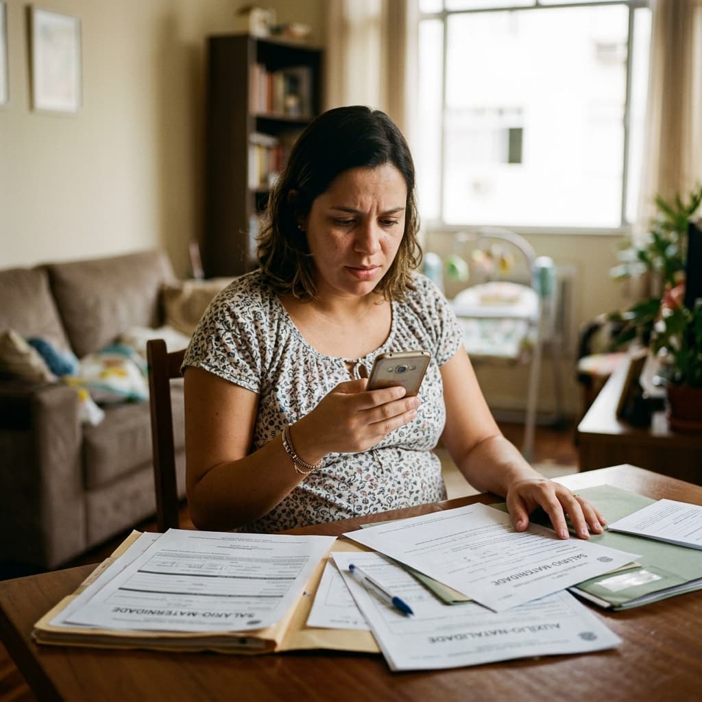 Mãe brasileira com bebê e documentos do INSS — salário-maternidade 2026 quem tem direito quanto recebe como pedir