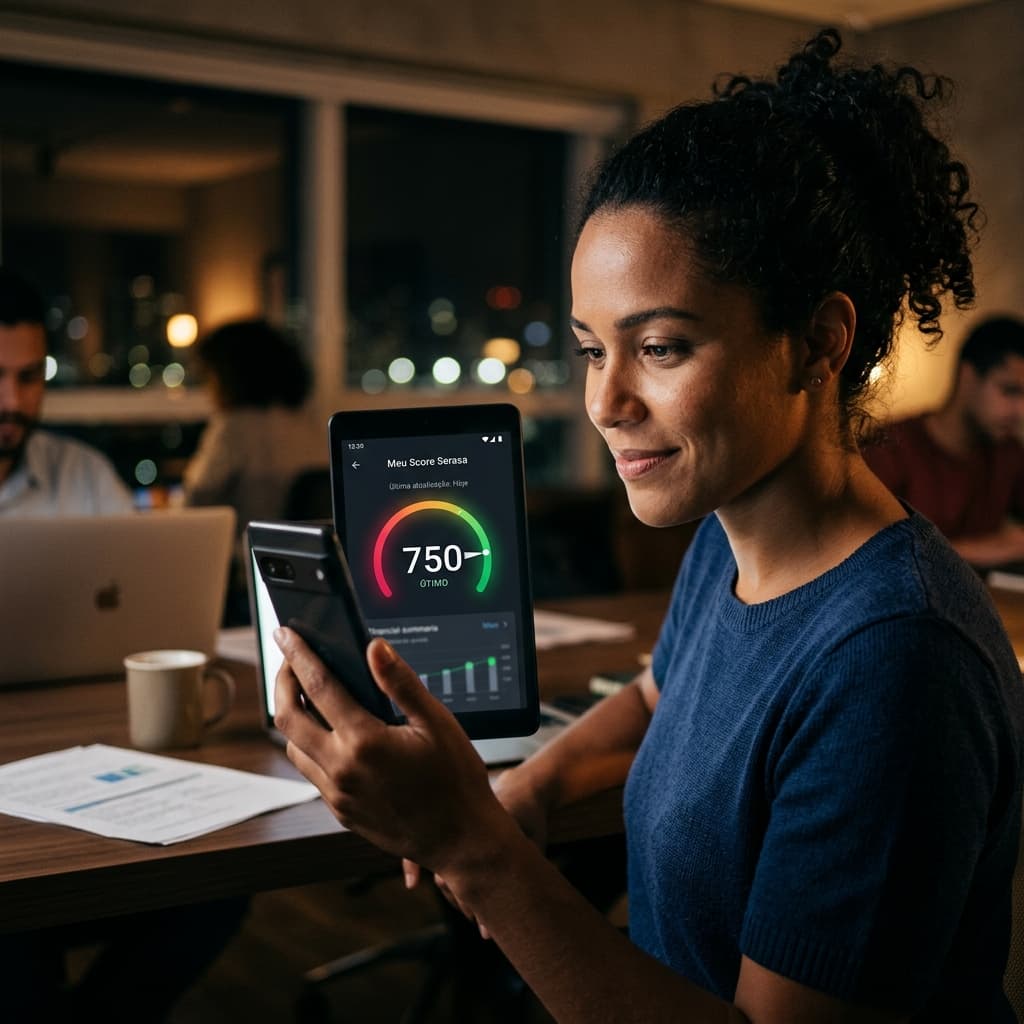 Brasileiro consultando score de crédito no smartphone com indicador de pontuação — score Serasa 2026 como aumentar pontuação rápido