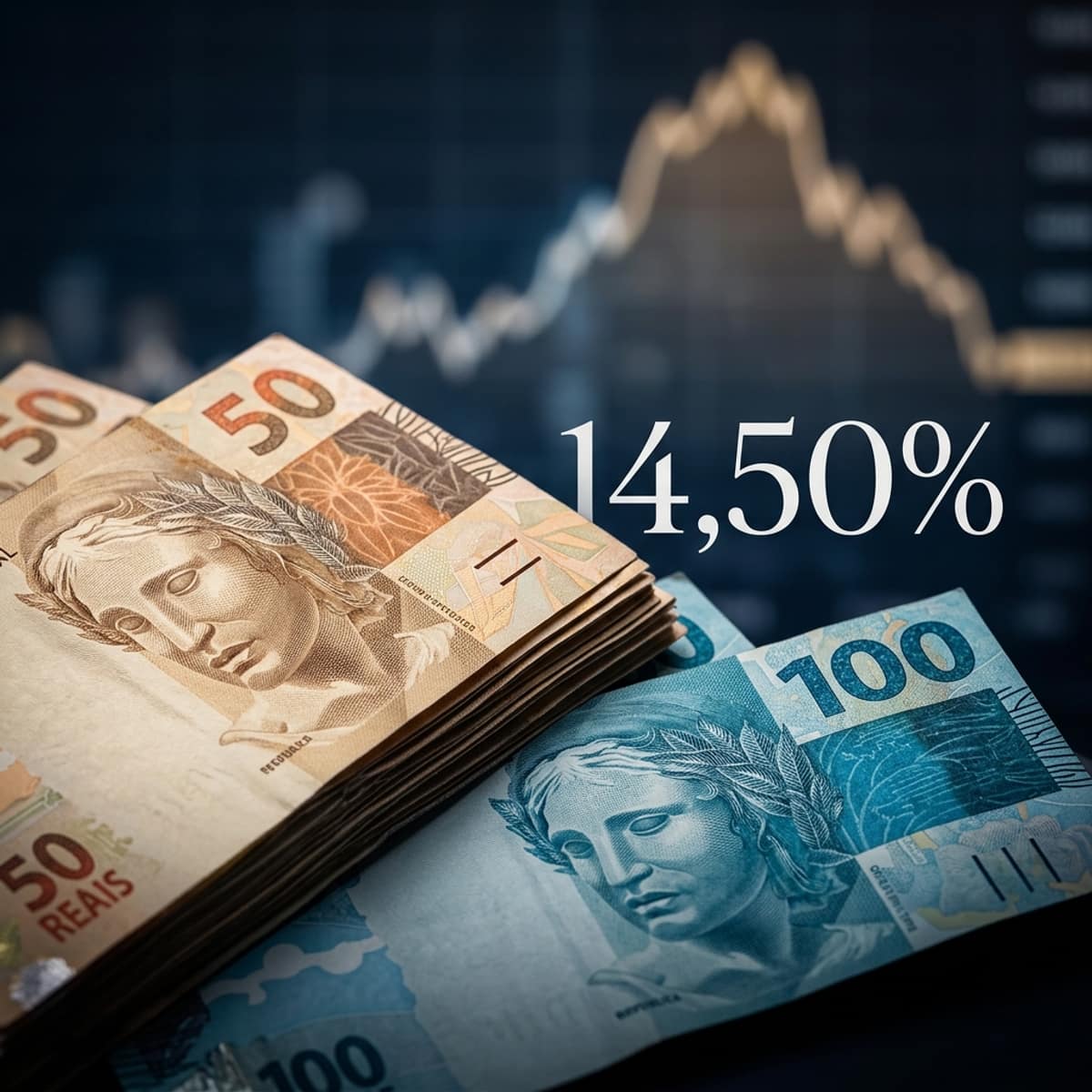 Gráfico de queda da taxa Selic com notas de real — Selic projeção 2026 2029 Boletim Focus mercado renda fixa