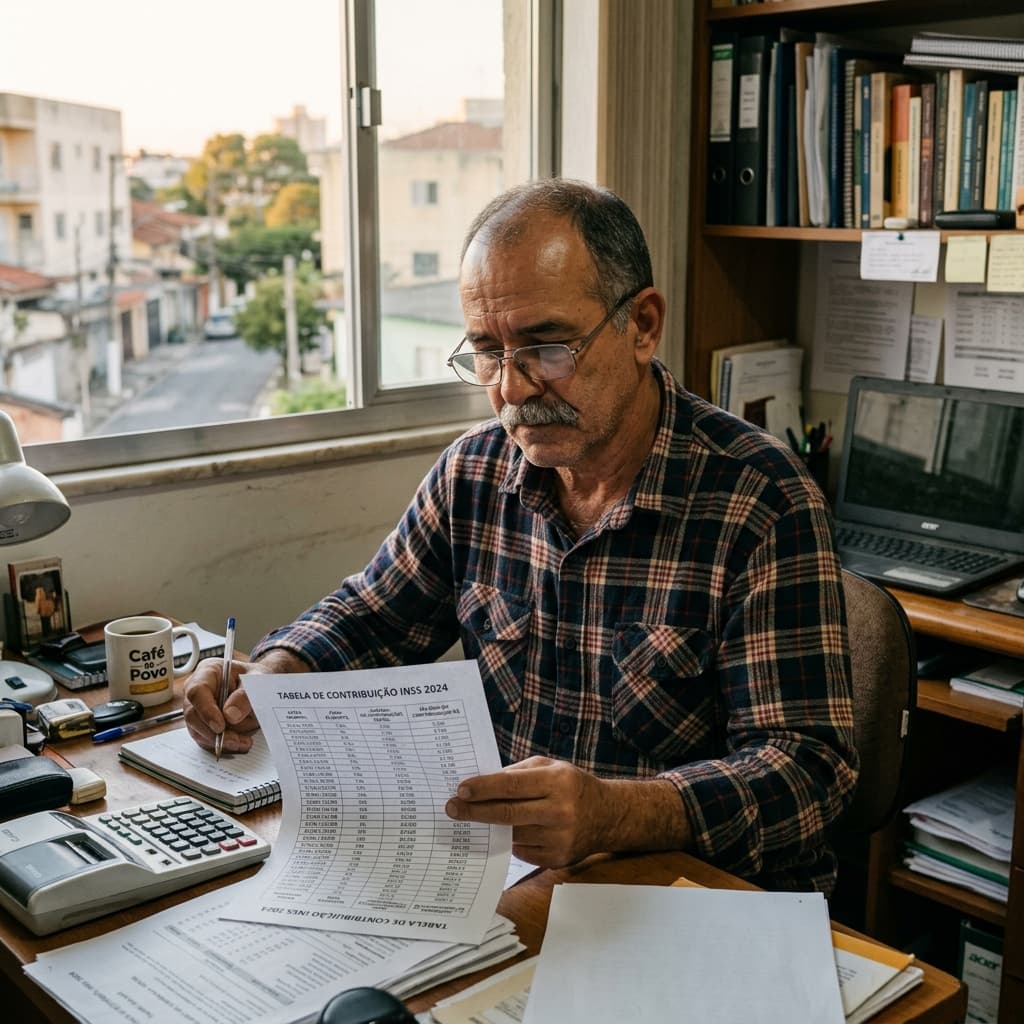 Trabalhador brasileiro com contracheque e tabela INSS 2026 — alÃquotas teto desconto progressivo como calcular